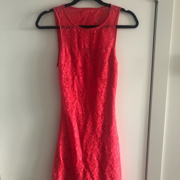 Coral lace bodycon mini dress
